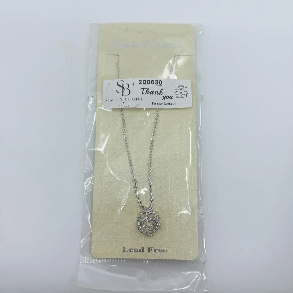 Stunning Double Heart Rhinestone Necklace Silver Tone Romantic Coquette Gift